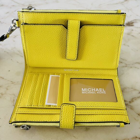 MICHAEL KORS Jet Set Lime Light Yellow Leather Double Zip Wallet Wristlet - Picture 5 of 7
